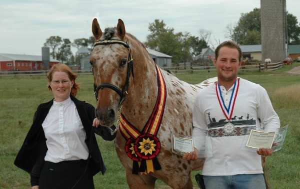 Appaloosa sporthorse Grand Design with his trainer Linda Von Weymarn and co-owner Gordon Miron